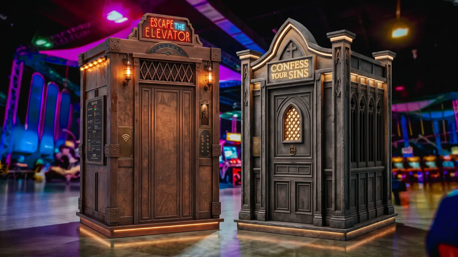 Escape Arcade units — Escape the Elevator and Confession Booth — in an arcade