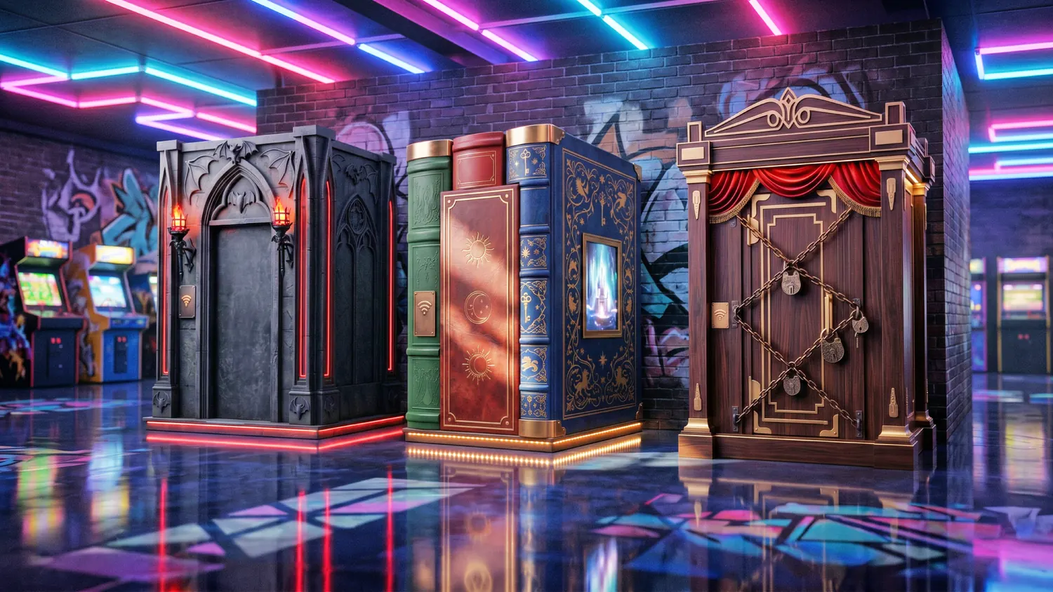 Themed Escape Arcade units in a neon arcade