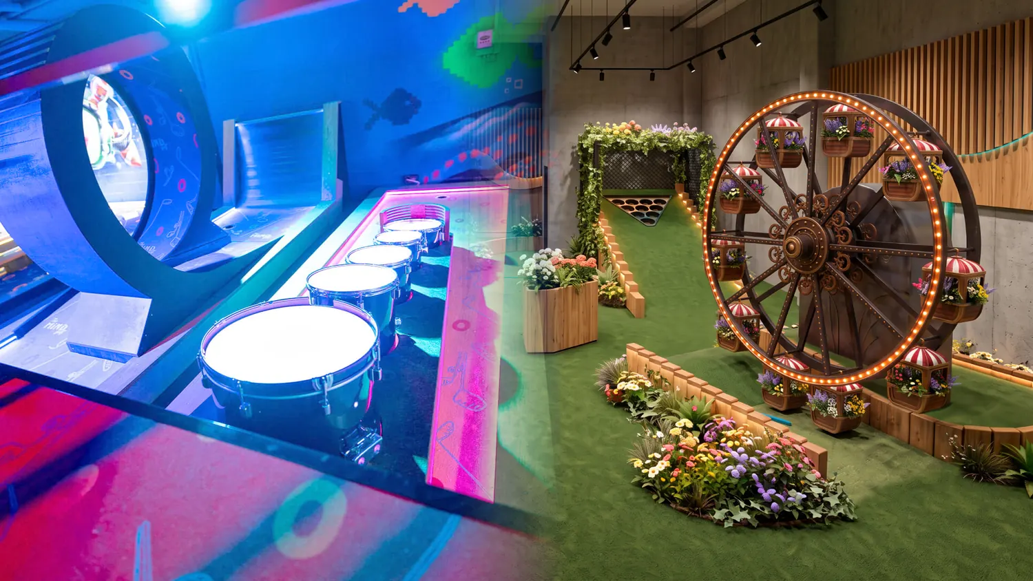 Neon MindGolf lane and illuminated Social Lanes ferris-wheel mini golf course