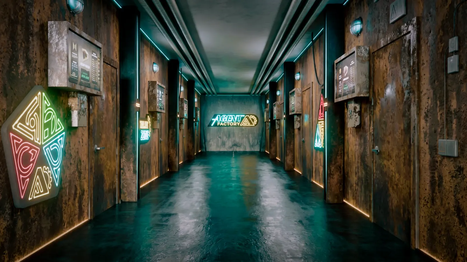 Agent Factory corridor with themed signage